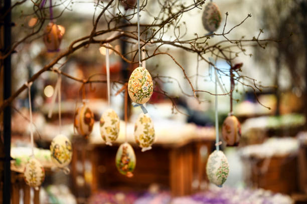 Easter eggs hanging from a branch at market in Vienna,Austria