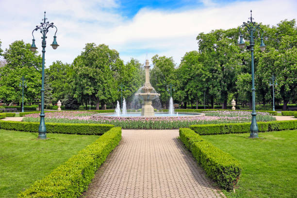 istock Park with fountain in Eger, Hungary,spring season 2201448865