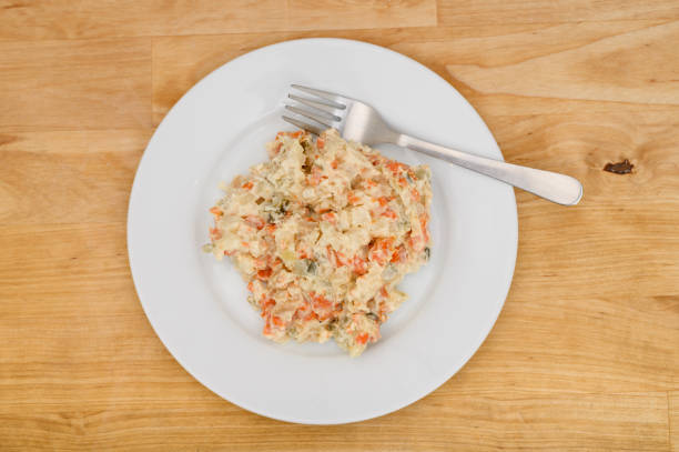 A plate of festive vegetable salad, vegetables cooked with mayonnaise sauce