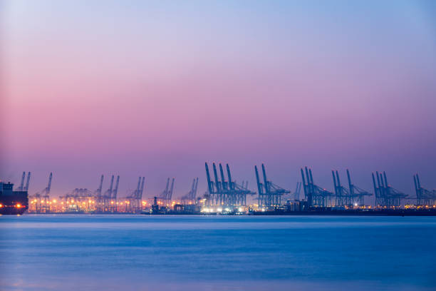 Large freighter stopping at the port to load and unload containers