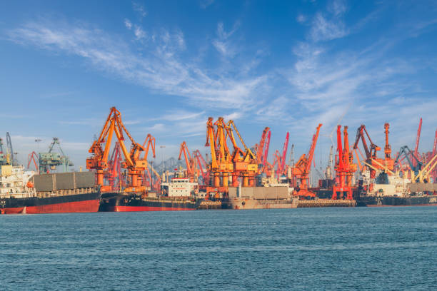Large freighter stopping at the port to load and unload containers