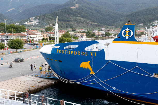 Limenas, Thassos, Greece -June 12, 2024: Port view with ferry boat and harbor