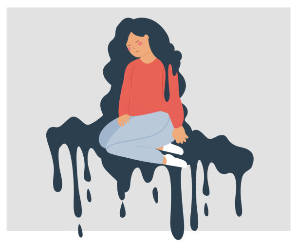 Woman struggling with mental health issues such as stress, depression, anxiety or ptsd. Sad girl falling apart with negative thoughts. Woman struggling with mental health disorders. Unhappy girl falling apart and overwhelmed by dark and negative thoughts. Vector illustration melting girl stock illustrations