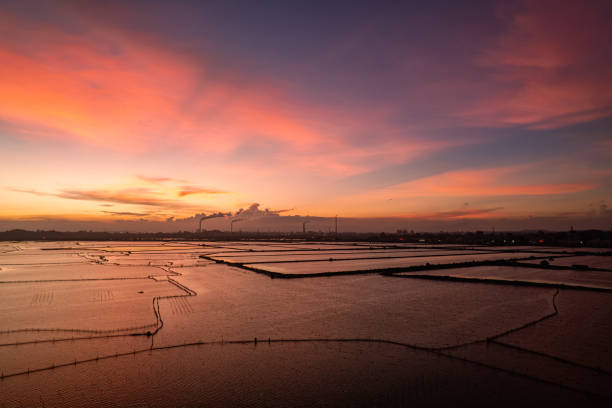 Tidal flat aquaculture pond under the red sunset