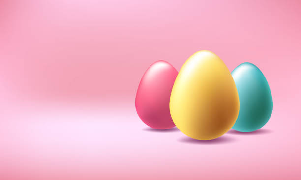 istock Happy Easter 3d vector background. Metal colored golden, blue chocolates in soft pink pastel scene. Spring greeting card, realistic podium design. April mini header illustration, gift concept render 2201470915