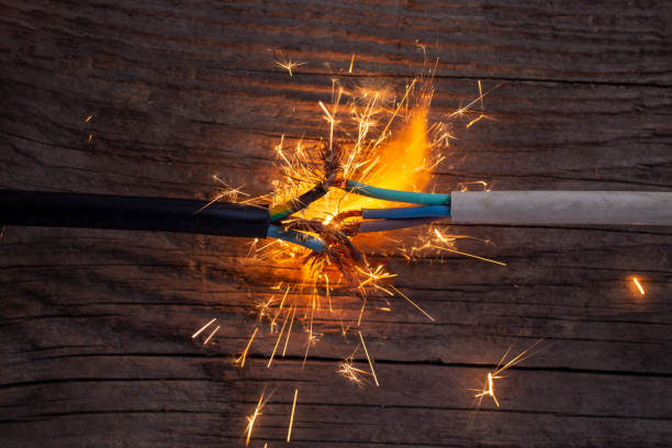 istock Sparks explosion between electrical cables, on brown wooden background, fire hazard concept, soft focus close up 2201473653