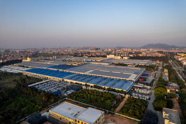 istock Aerial view of solar rooftop factory 2201477221