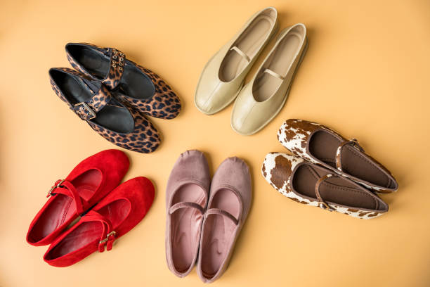 istock Stylish ballet flats in various colors and textures arranged in a circular pattern 2201479158