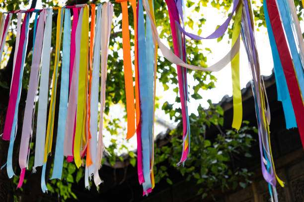 Multi-colored ribbons flutter in the air