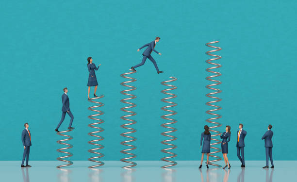 istock Businessman jumping on springs, running towards the highest point. 3D rendering 2201479455