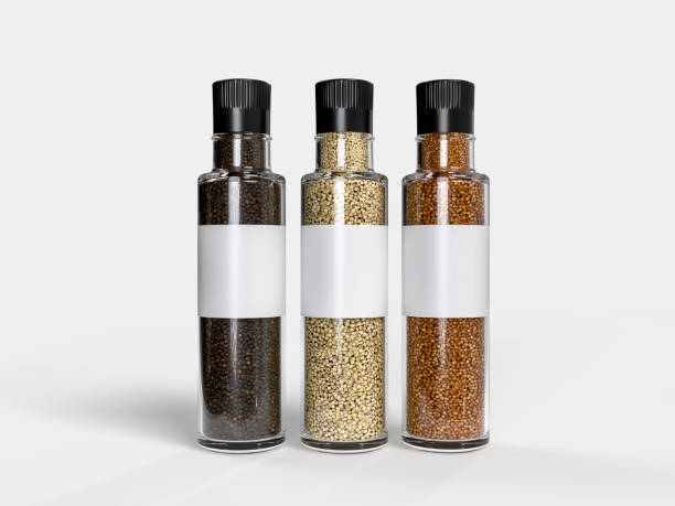 3D realistic glass bottles peppercorn mill, pepper grinder mockup isolated on background. Kitchen spices bottle container used for presentation branding, ads, promotion or place your product design
