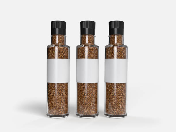istock 3D realistic glass bottles peppercorn mill, pepper grinder mockup isolated on background. Kitchen spices bottle container used for presentation branding, ads, promotion or place your product design 2201480257
