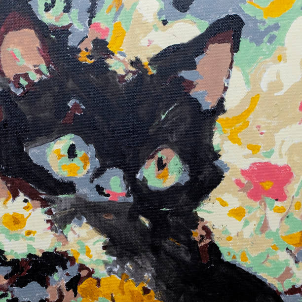 istock Painting on canvas, Black cat face in a field of flowers. 2201483028