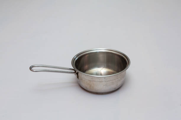 Empty stainless steel pot sitting on a clean white backdrop, ideal for showcasing cooking or kitchen concepts