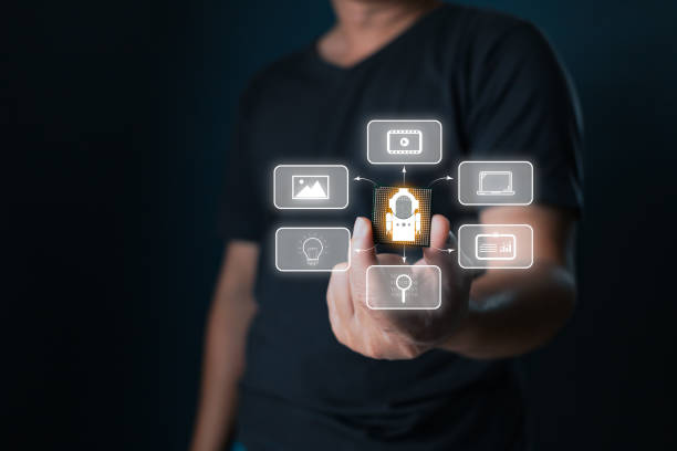 istock Man hold icon ai and use laptop, Marketers education, research, analyze media video streaming content creation and online marketing strategies to grow their digital business. Ai concept. 2201485973