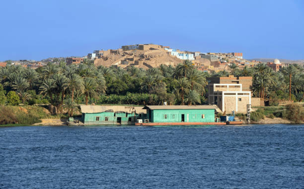 Sailing along the banks of the Nile, discover a picturesque setting in Egypt where vibrant boats rest quietly, surrounded by verdant greenery and rustic architectural structures illustrating beauty and cultural diversity. Photo taken with Medium Format camera and MF lens. Very detailed.
