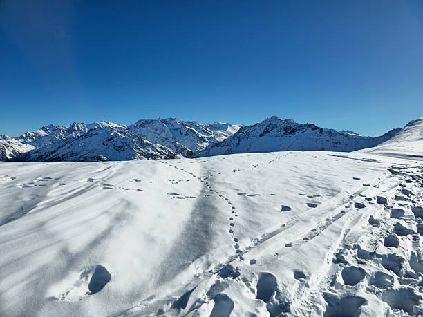 Meiringen Hasliberg with the beautiful snow capped peaks of the swiss alps. Captured on a sunny day during winter season.