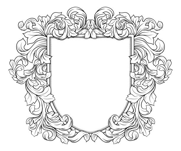 A shield crest heraldic armorial medieval family coat of arms design with filigree heraldry illustration in vintage woodcut style