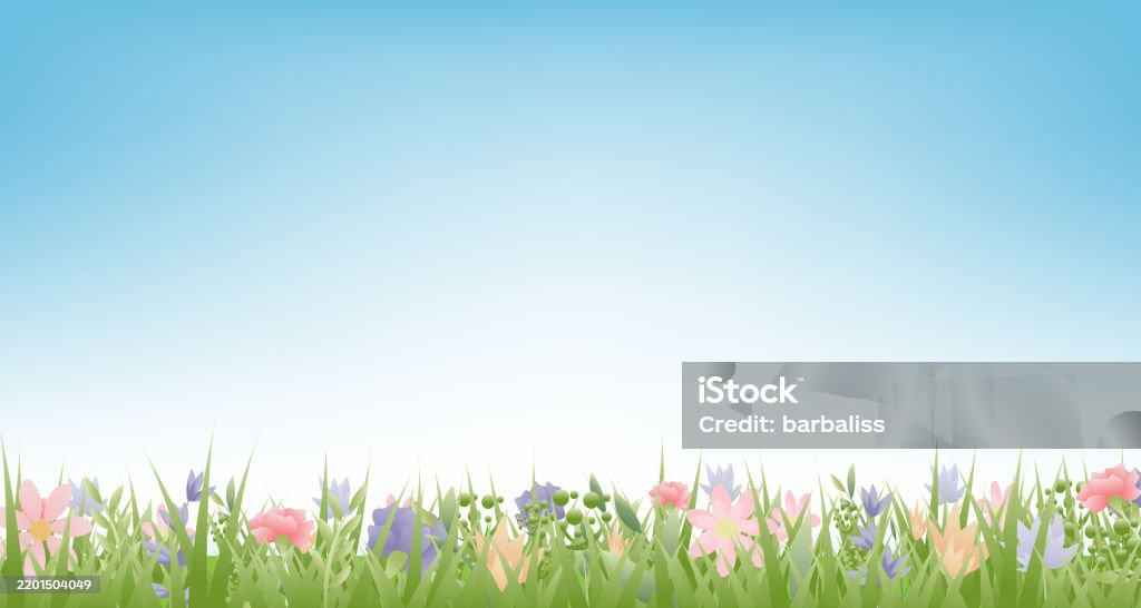 Spring Grass Rgb Spring Grass And Fowers Blue Background Stock Illustration - Download ...