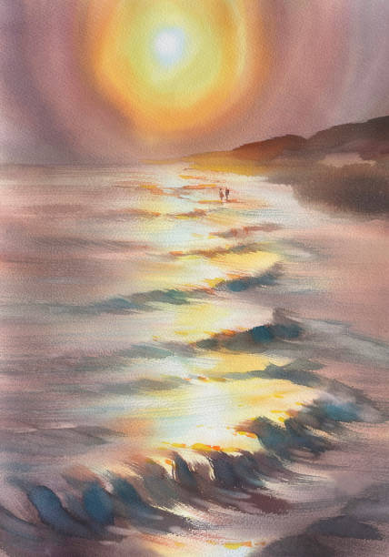 istock Sunset by the sea in the mist watercolor background 2201507839