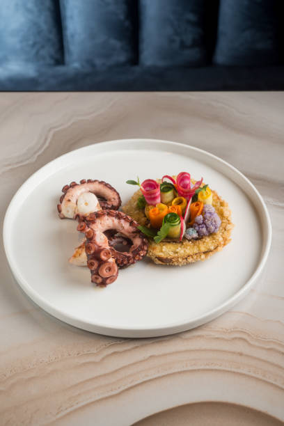 istock grilled octopus on fried breaded aubergine and vegetable salad 2201513818