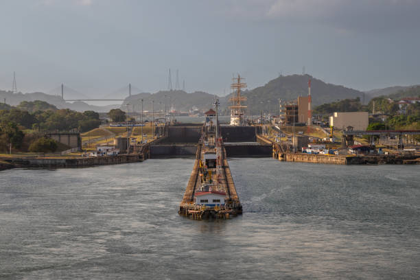 Exposure of the Miraflores Locks, just before the Pacific Ocean, Gulf of Panama, in a cruise ship, before arriving to Panama City and pass below the Bridge of Americas