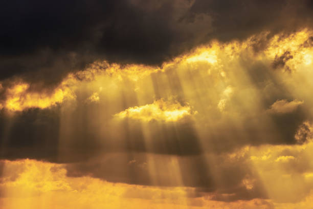 Dramatic golden sunlight breaking through dark storm clouds, creating radiant beams illuminating sky at sunset. Mexico.