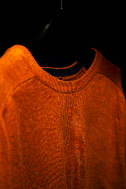 istock Side Angle of Plain Orange Sweatshirt on Hanger, Isolated on Black Background 2201541174