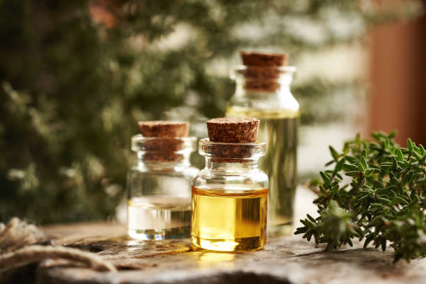 istock Bottles of thyme essential oil with fresh thyme twigs 2201548934