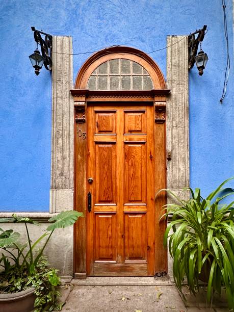 istock Rustic Wooden Door with Blue Wall (Mexico City, Mexico) 2201549387