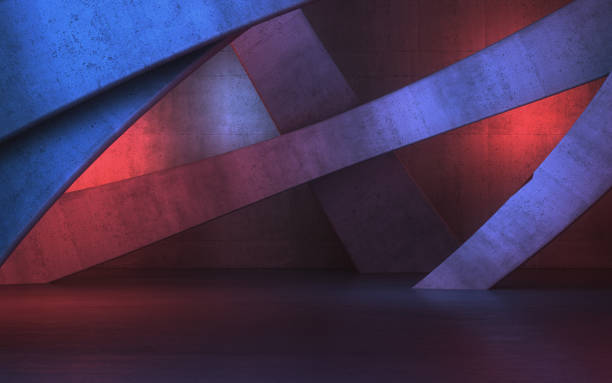 New Generation Abstract Empty Building Structure Made of Concrete Illuminated with Blue Red Light