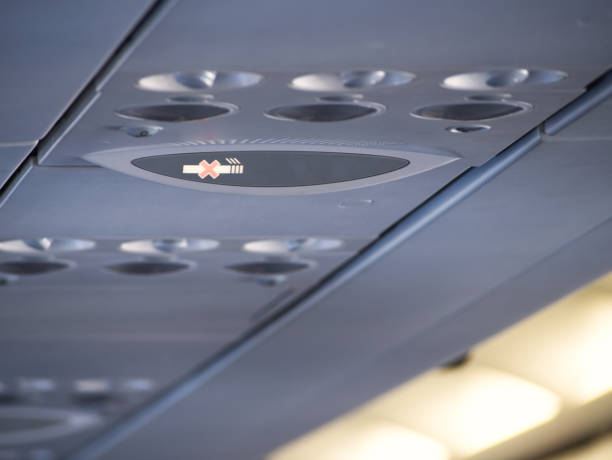 istock Airplane overhead compartment with no smoking sign 2201561618