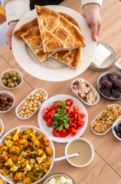 Turkish breakfast and Ramadan pita on the table for sahur meal or iftar meal