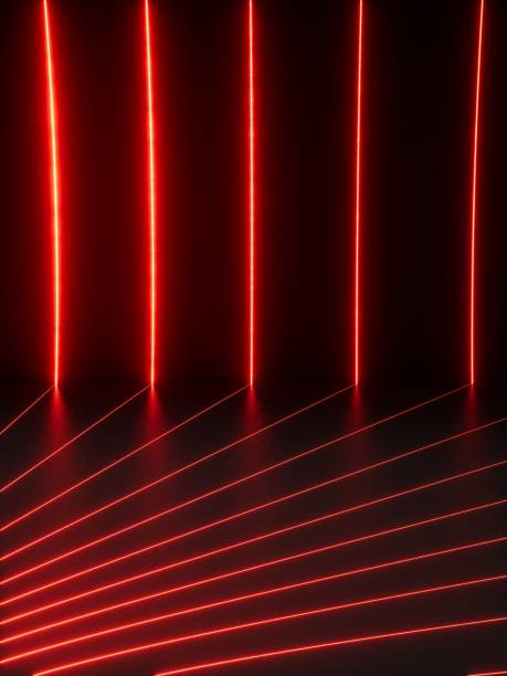 istock 3D render, abstract minimalist background. Infrared laser rays, geometric pattern of neon vertical lines glowing with red light 2201568655