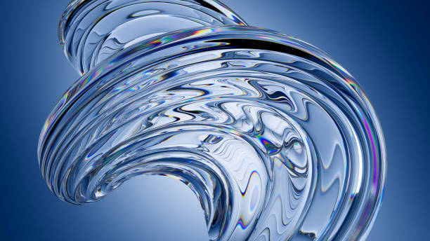 istock 3D rendering. Light blue minimalist background featuring a macro image of an abstract curved shape with a textured, ribbed transparent crystal glass 2201568711
