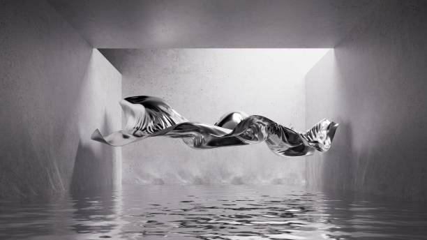 istock realistic 3d rendering. Minimalist monochrome background with silver metallic drapery levitating above the water in a concrete room under the bright daylight. Piece of fabric waving in the wind 2201568773