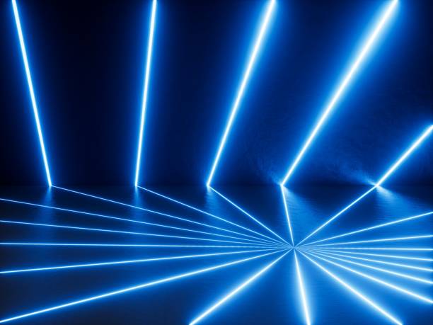 istock 3D render, abstract minimalist background. Bright laser rays, geometric pattern of neon vertical lines glowing with blue light inside the empty room 2201569784