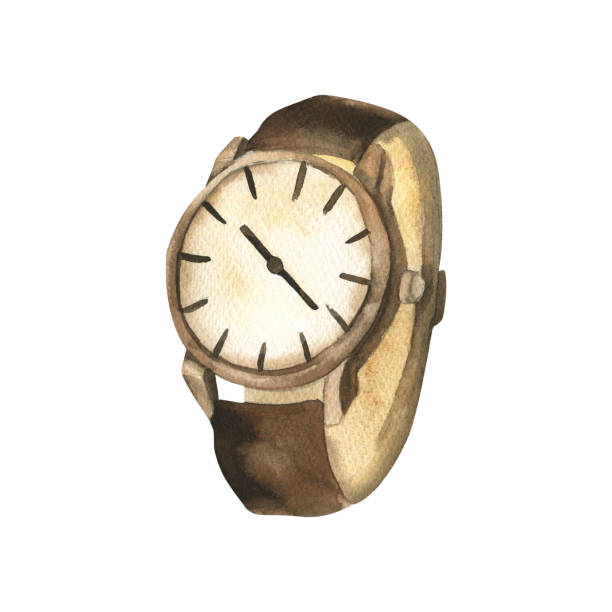 istock Leather brown wrist watch watercolor illustration. Hand drawn gentlemen style clock clipart, vintage hipster hand accessories for fashion booklet, poster, product packing, label, logo design 2201573139