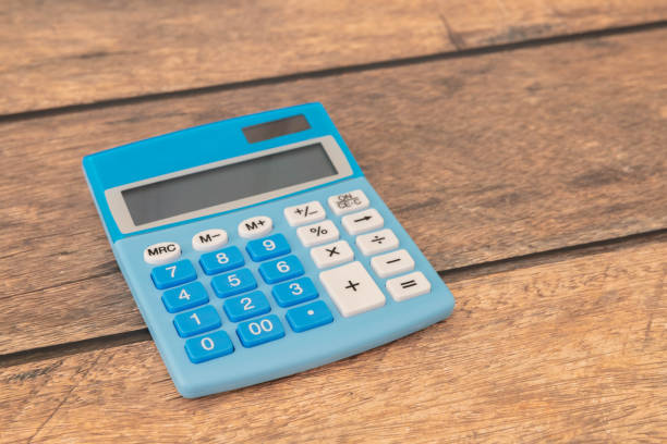istock Light blue color calculator, isolated, copy space. Top view. 2201574090