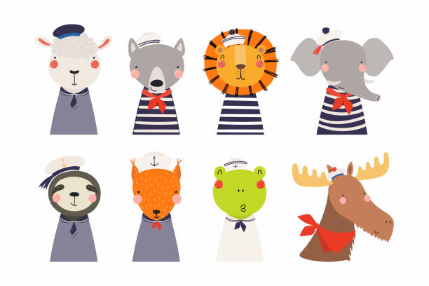 Cute little animals sailors set Set of cute funny little animals sailors lion, sheep, wolf, frog, moose, squirrel, elephant, sloth. Isolated objects on white. Vector illustration. Scandinavian style flat design. Concept kids print wolf and lamb stock illustrations