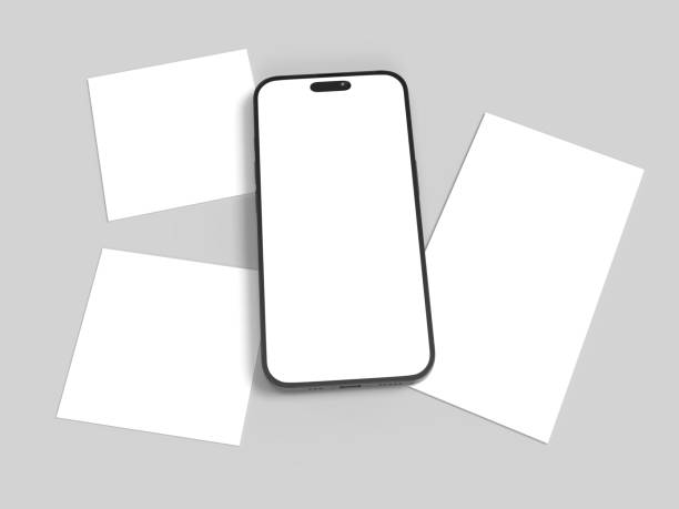 istock Smartphone mockup with social media post and stories interface mockup. Mobile app page template design for creative design showcase user carousel post feed. Minimal design interface template 2201592536