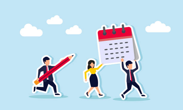istock Businessman and businesswoman run carrying a calendar, while another businessman chases them with a pencil, illustration of managing and planning schedules 2201593492