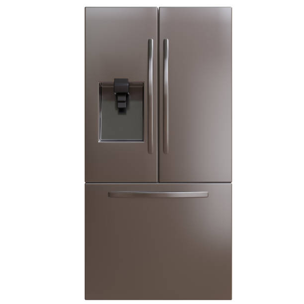 istock Refrigerator isolated on white, freezer with ice generator on door, kitchen appliance 2201593738