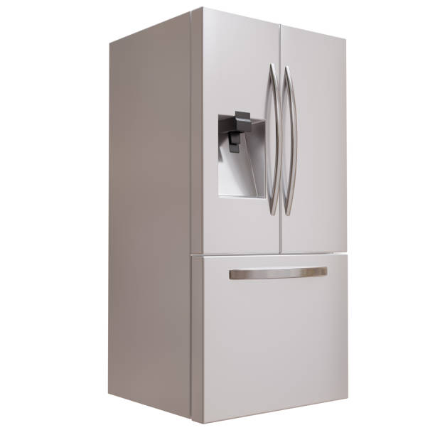 istock Refrigerator isolated on white, freezer with ice generator on door, kitchen appliance 2201593740