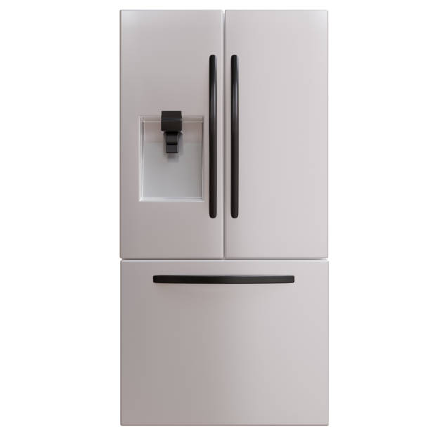 istock Refrigerator isolated on white, freezer with ice generator on door, kitchen appliance 2201593741