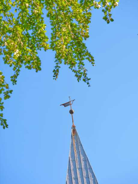 istock Rustic pointed spire with a weather vane under leafy greenery and blue sky 2201594651