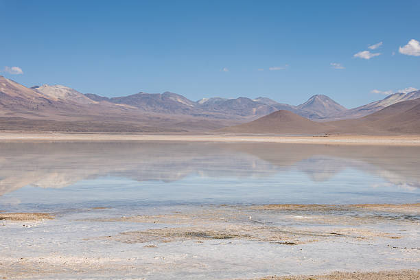 Clear blue sky above tranquil lake mirroring mountains. Vast, untouched wilderness with distant peaks.