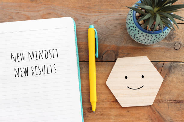 concept image with new mindset new results text. top view of office table