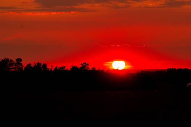 istock Spectacular sunset with big round sun and red sky. 2201597722