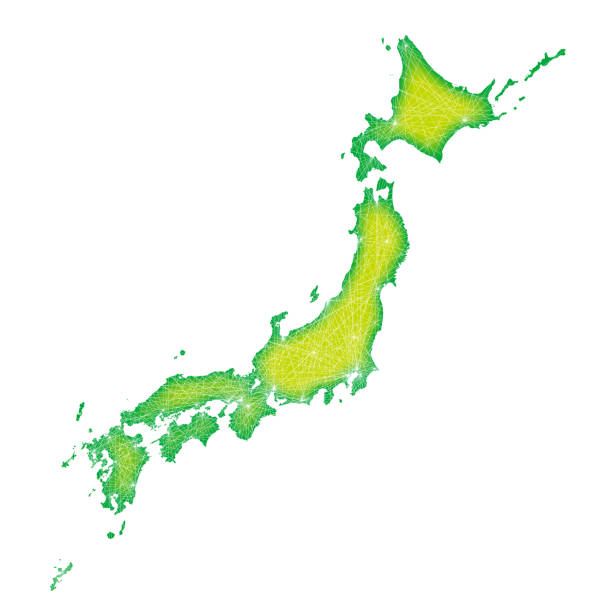 istock Network image of Japan map, map of the Japanese archipelago Communication, infrastructure, logistics image Green, white background 2201599245